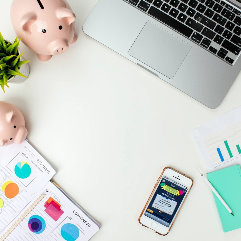 Flat lay of smartphone with deal apps, budget planner, piggy bank, and laptop with financial charts, illustrating Newsova’s smart shopping tips, budget tools, and personal finance resources.